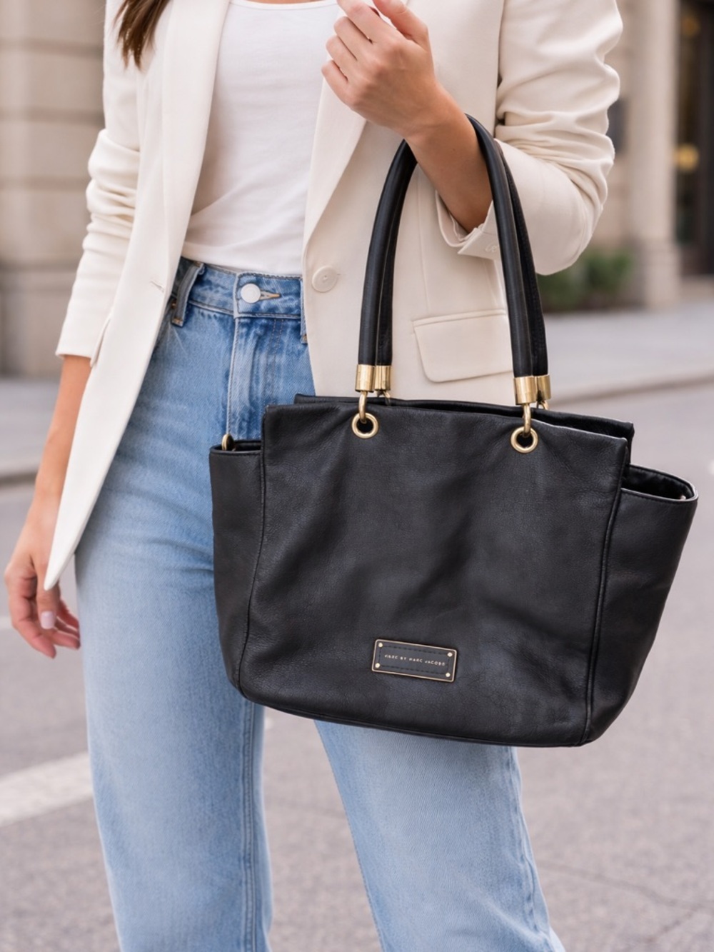 Marc by Marc Jacobs Black Leather Tote with Gold Accents